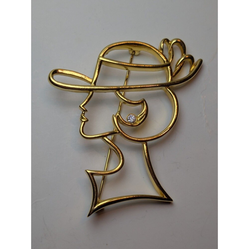 Goldtone Lady Outline With Hat And Rhinestone Earring Brooch